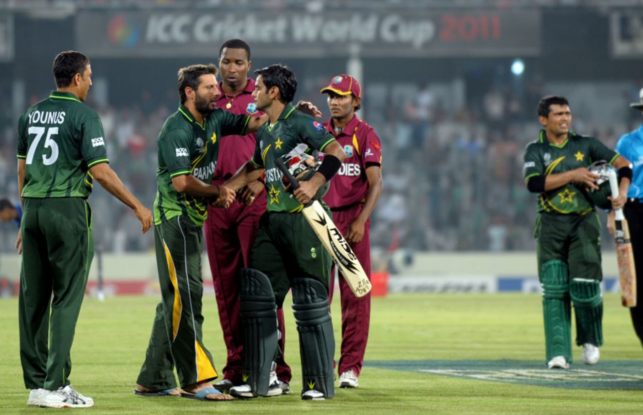 Shahid Afridi congratulates Mohammad Hafeez as Pakistan win by ten wickets, West Indies v Pakistan, 1st quarter-final, World Cup 2011, March 23, 2011
