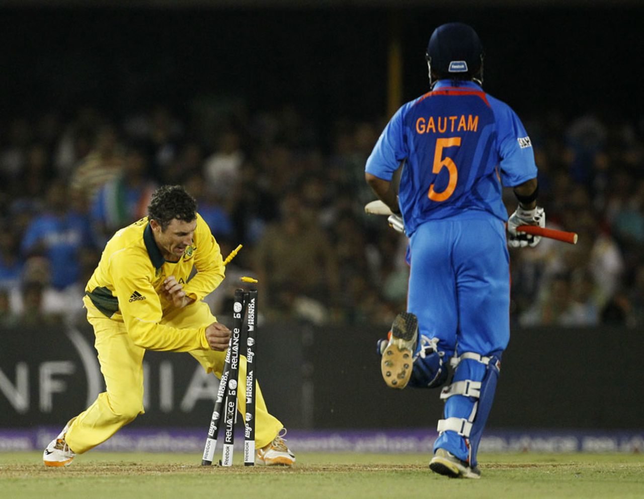 David Hussey whips off the bails to run out Gautam Gambhir, India v Australia, 2nd quarter-final, Ahmedabad, World Cup 2011, March 24, 2011