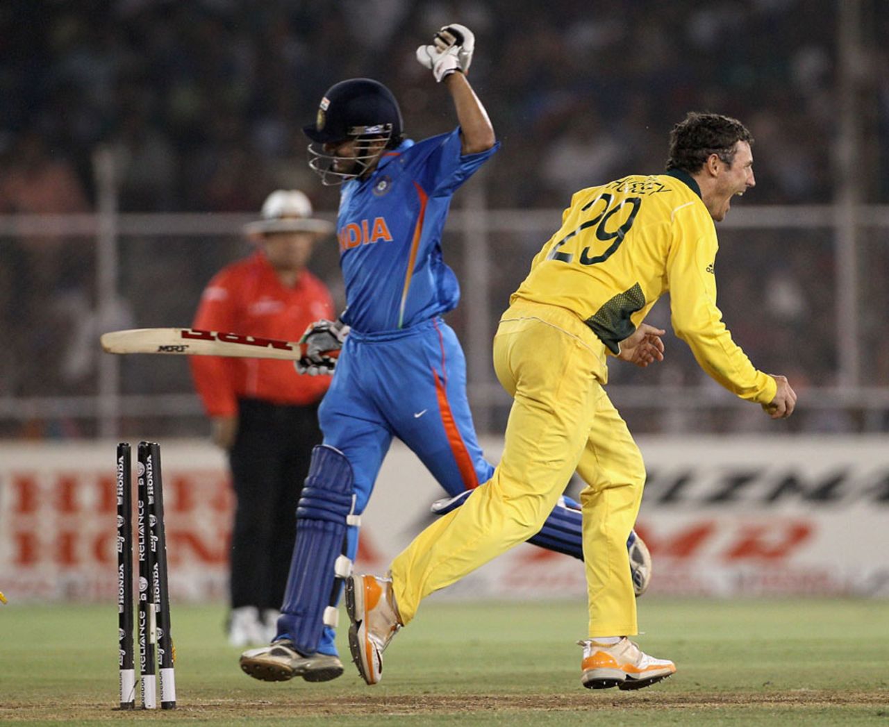 Gautam Gambhir gestures angrily after being run out, India v Australia, 2nd quarter-final, Ahmedabad, World Cup 2011, March 24, 2011