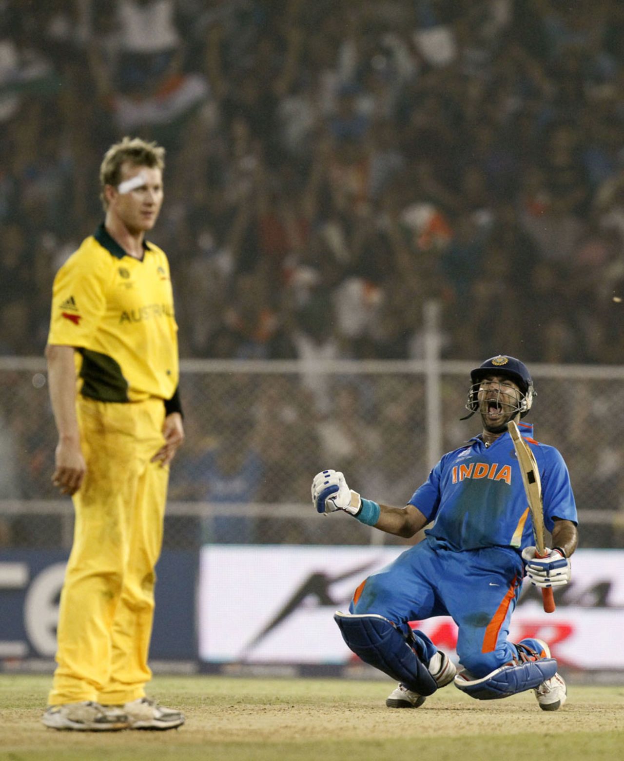 Yuvraj Singh is ecstatic after hitting the winning runs, India v Australia, 2nd quarter-final, Ahmedabad, World Cup 2011, March 24, 2011