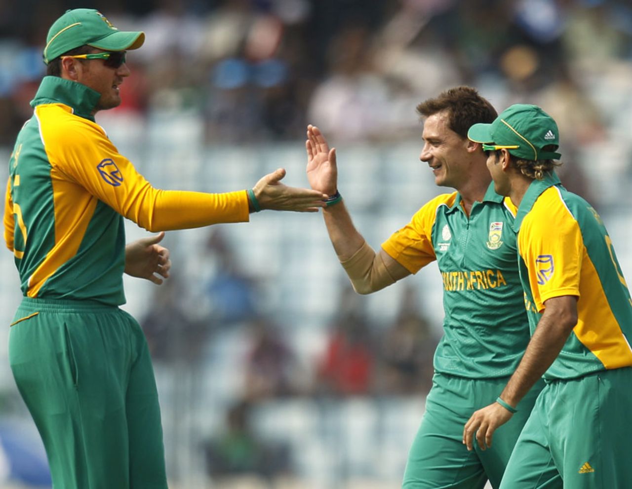 Team-mates congratulate Dale Steyn on Martin Guptill's dismissal, New Zealand v South Africa, 3rd quarter-final, Mirpur, World Cup 2011, March 25, 2011