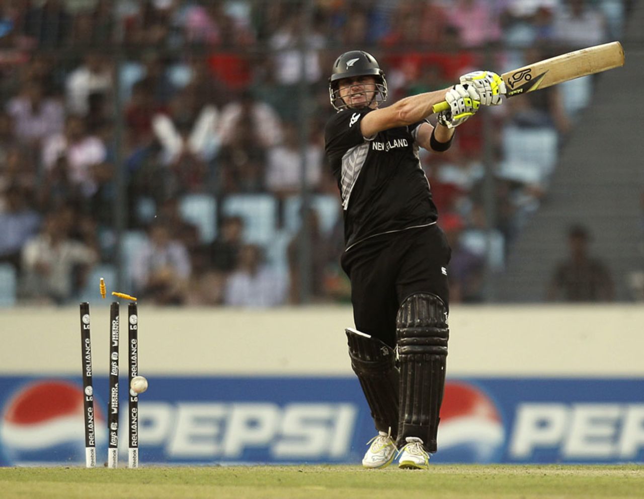 Scott Styris edged the ball on to his stumps, New Zealand v South Africa, 3rd quarter-final, Mirpur, World Cup 2011, March 25, 2011