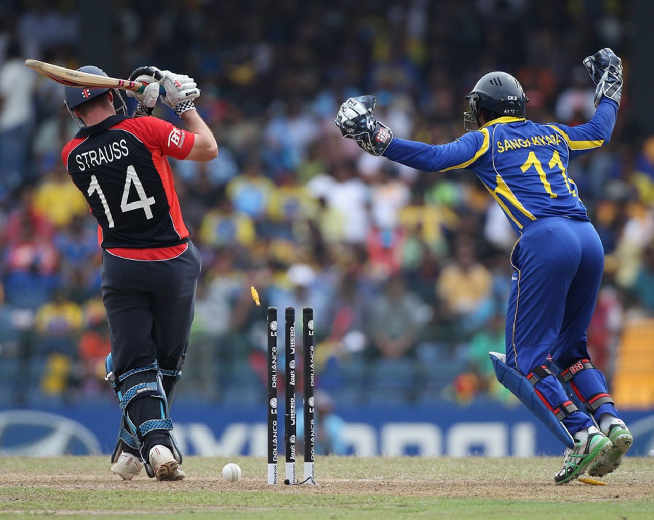 Andrew Strauss played an ugly hoick across the line and was bowled for 5, Sri Lanka v England, 4th quarter-final, World Cup 2011, Colombo, March 26 2011