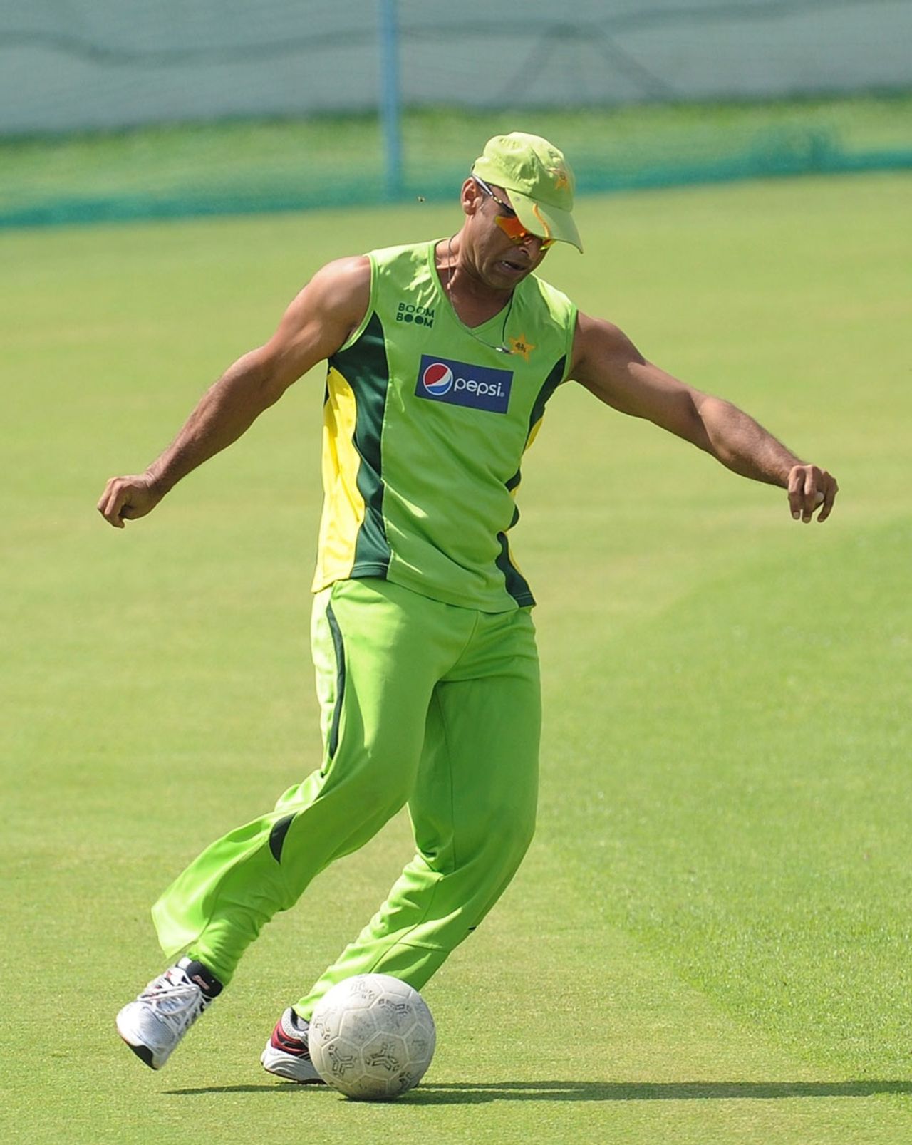 Shoaib Akhtar in action during a warm-up game of football, Mohali, March 27, 2011