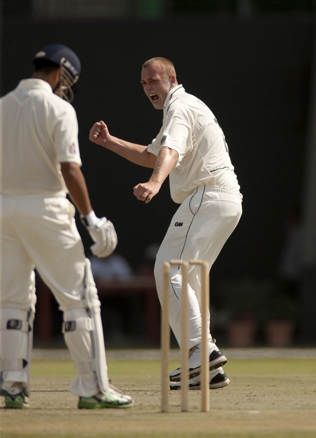 Luke Fletcher celebrates after trapping Rahul Dravid for a second-ball duck, MCC v Nottinghamshire, 1st day, Abu Dhabi, March 27, 2011