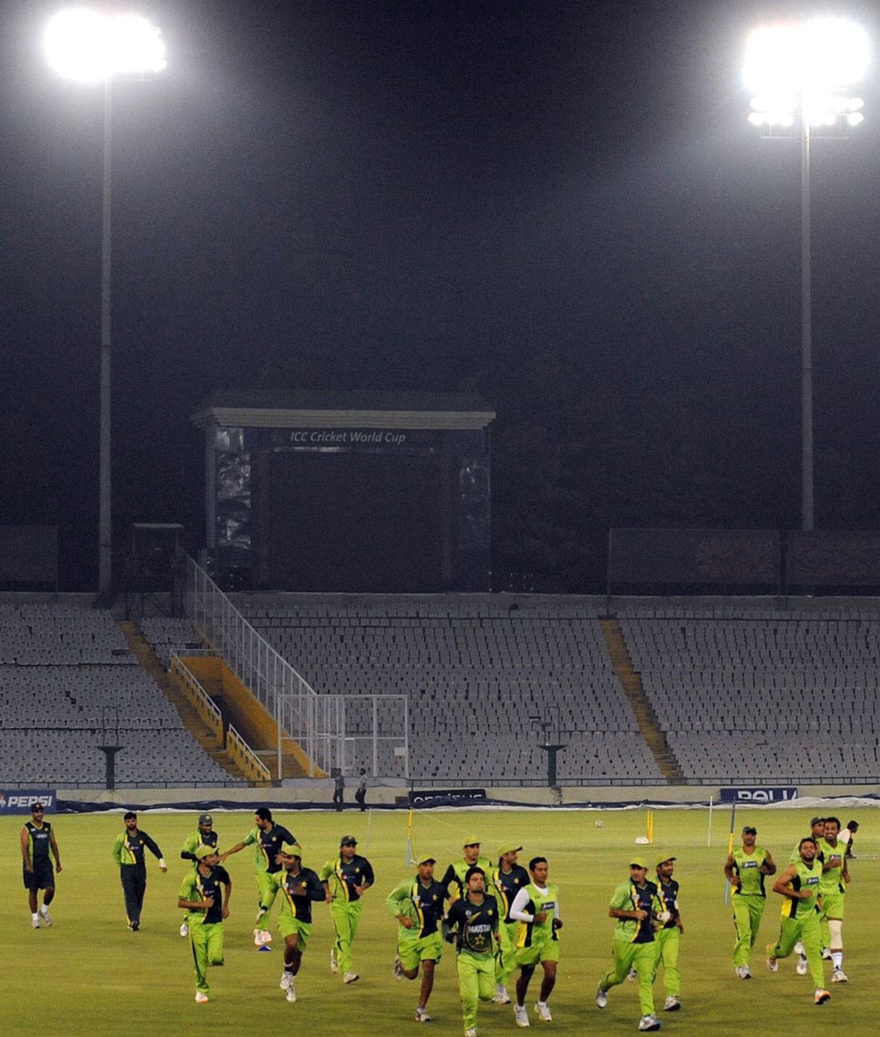 The Pakistan players train under lights at the PCA Stadium, Mohali, March 28, 2011