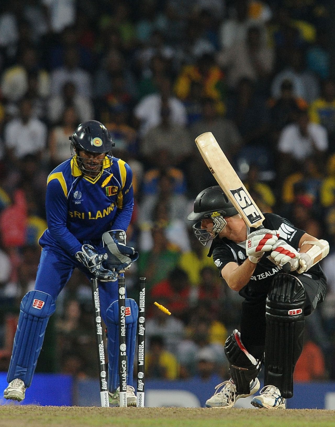 Andy McKay, New Zealand's No. 11, was bowled by Ajantha Mendis to end the innings, Sri Lanka v New Zealand, 1st semi-final, World Cup 2011, Colombo, March 29, 2011