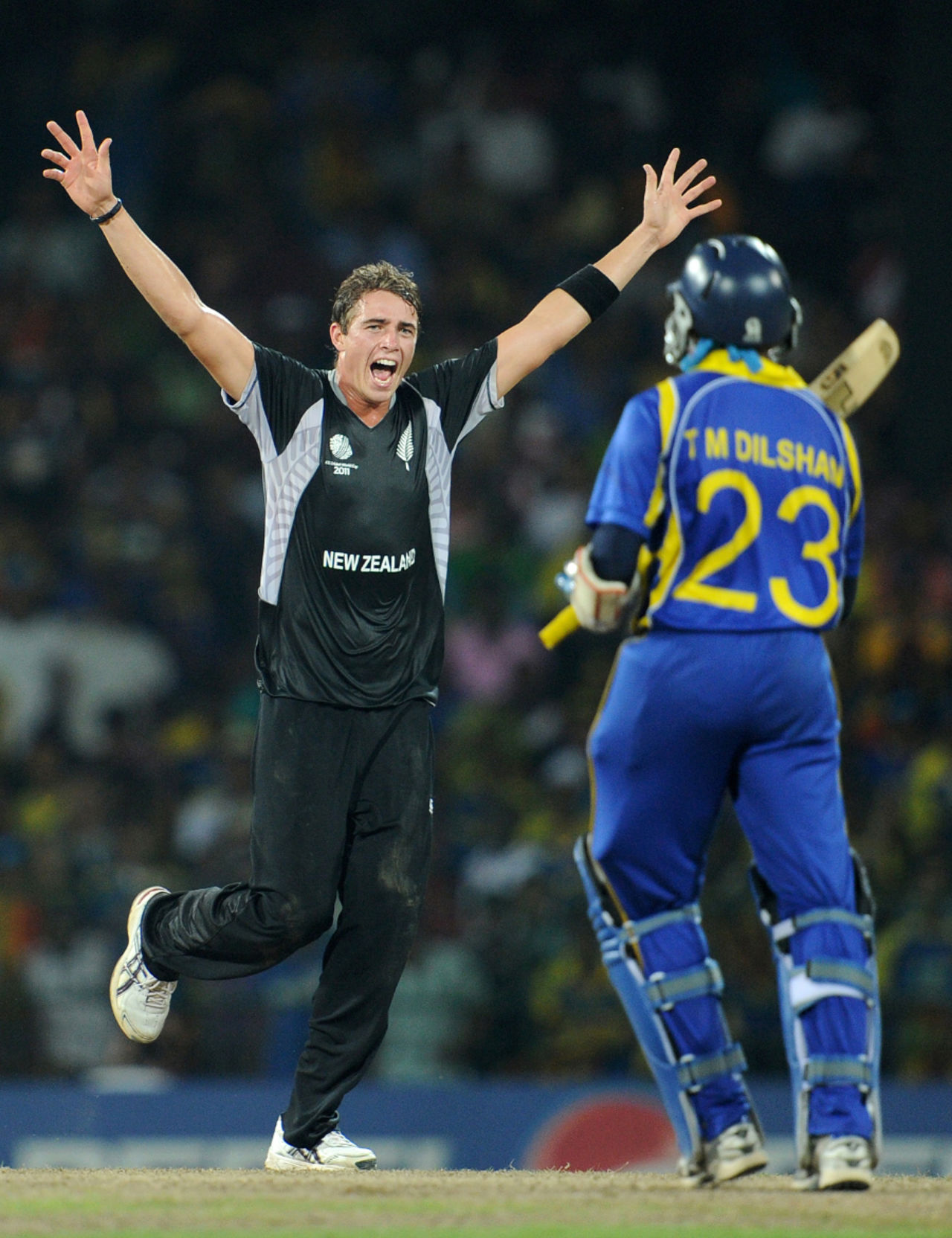 Tim Southee eventually removed Tillakaratne Dilshan for 73, Sri Lanka v New Zealand, 1st semi-final, World Cup 2011, Colombo, March 29, 2011