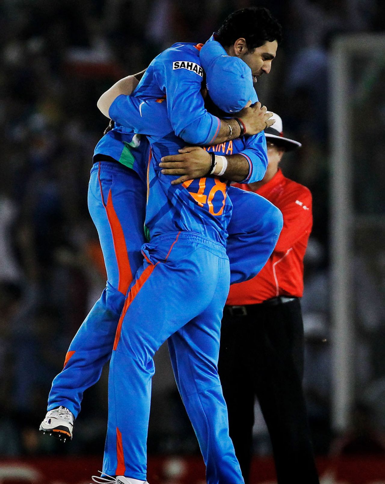 Yuvraj Singh celebrates with Suresh Raina after dismissing Younis Khan, India v Pakistan, 2nd semi-final, World Cup 2011, Mohali, March 30, 2011