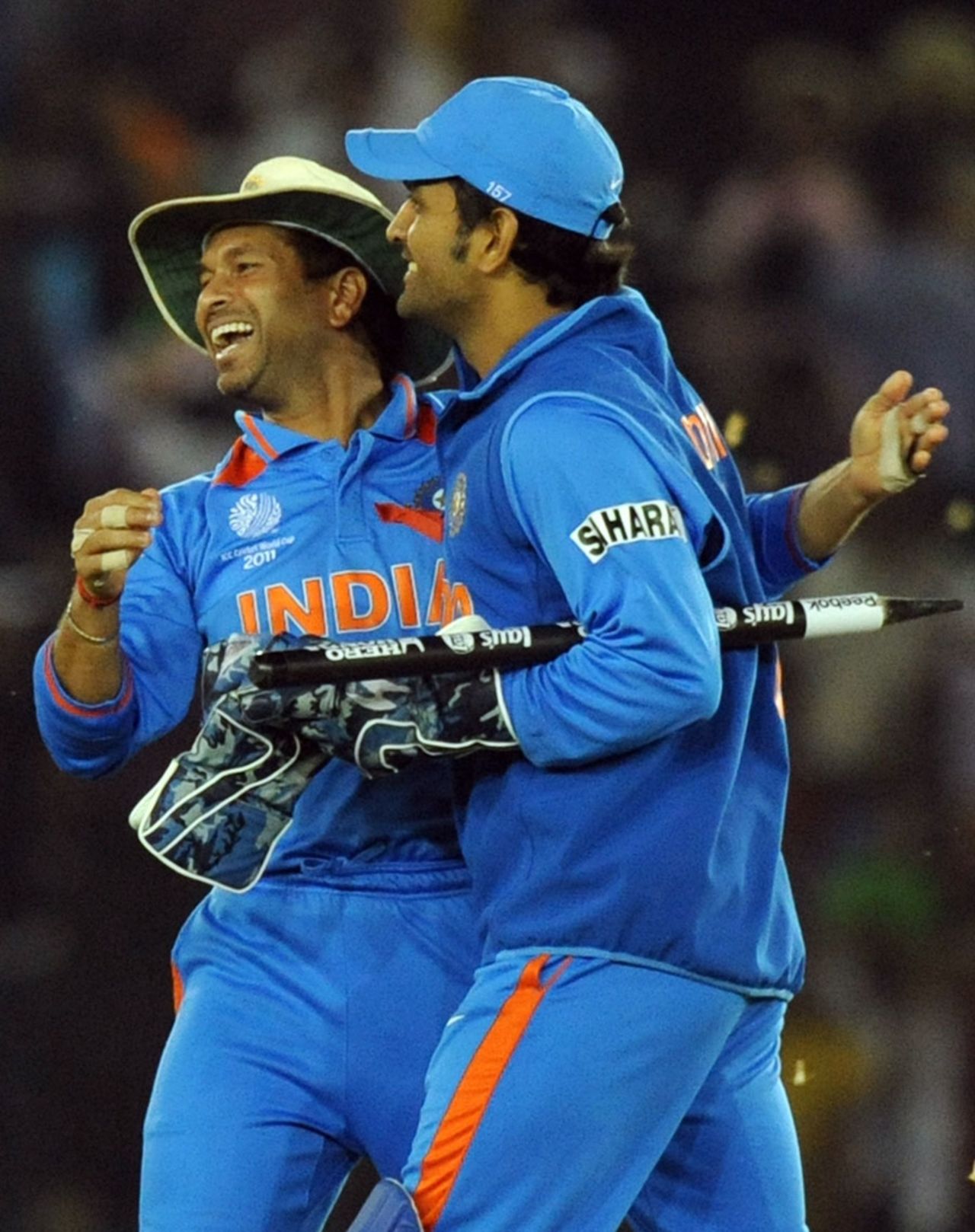 Sachin Tendulkar and MS Dhoni are thrilled after India's win, India v Pakistan, 2nd semi-final, World Cup 2011, Mohali, March 30, 2011