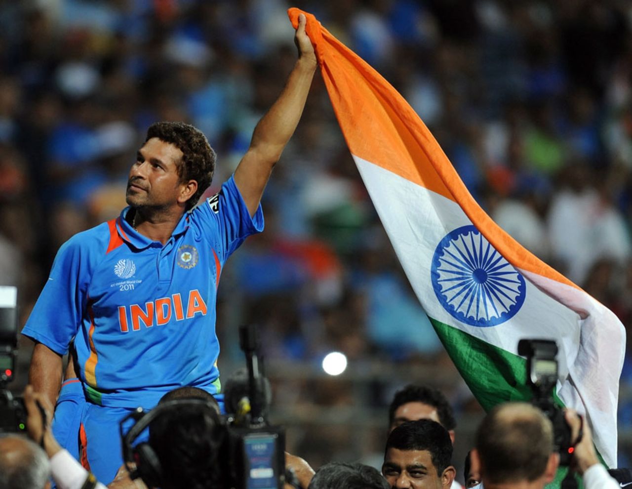 Sachin Tendulkar waves the India flag in triumph, India v Sri Lanka, final, World Cup 2011, Mumbai, April 2, 2011