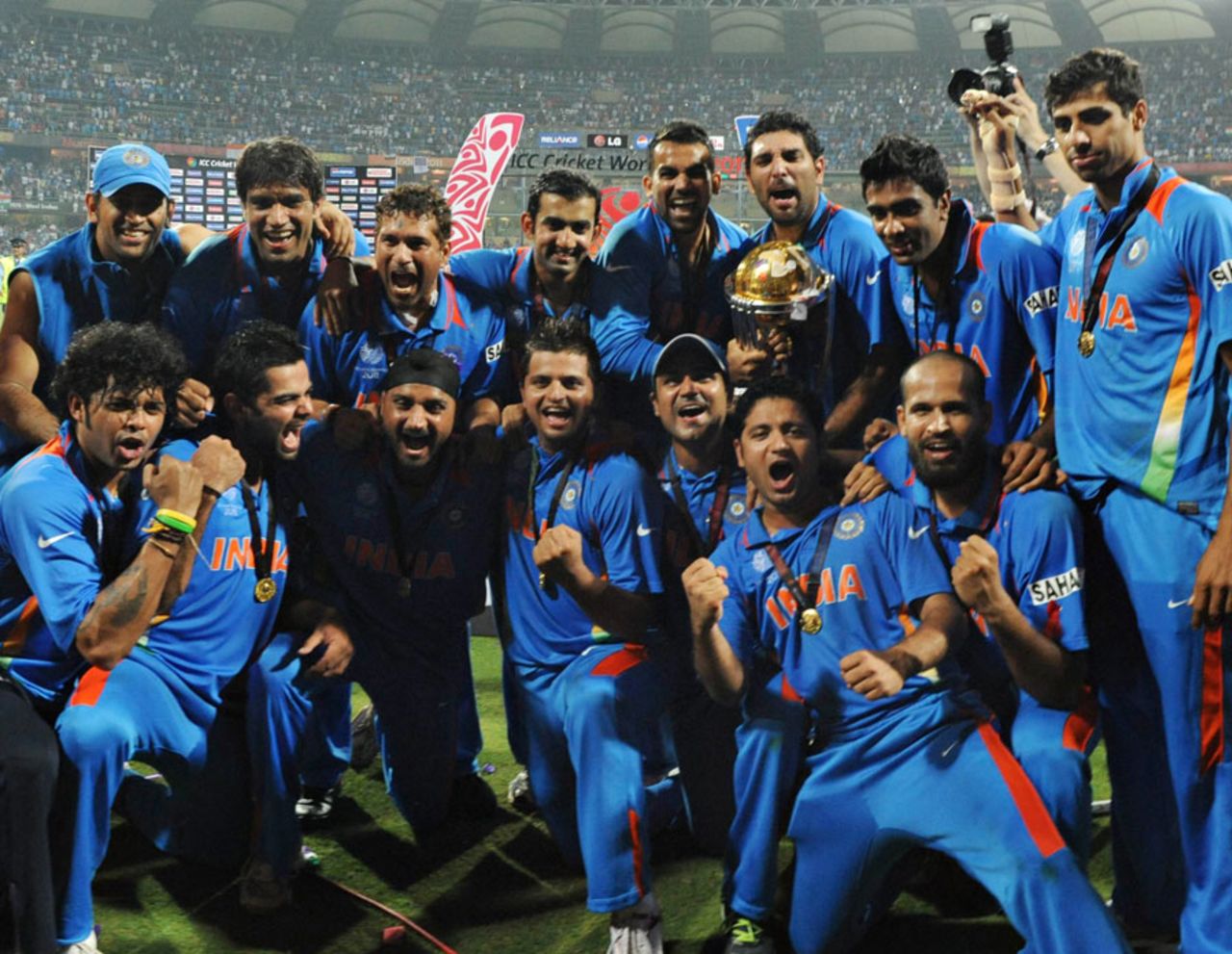 The Indian team celebrates with the World Cup, India v Sri Lanka, final, World Cup 2011, Mumbai, April 2, 2011