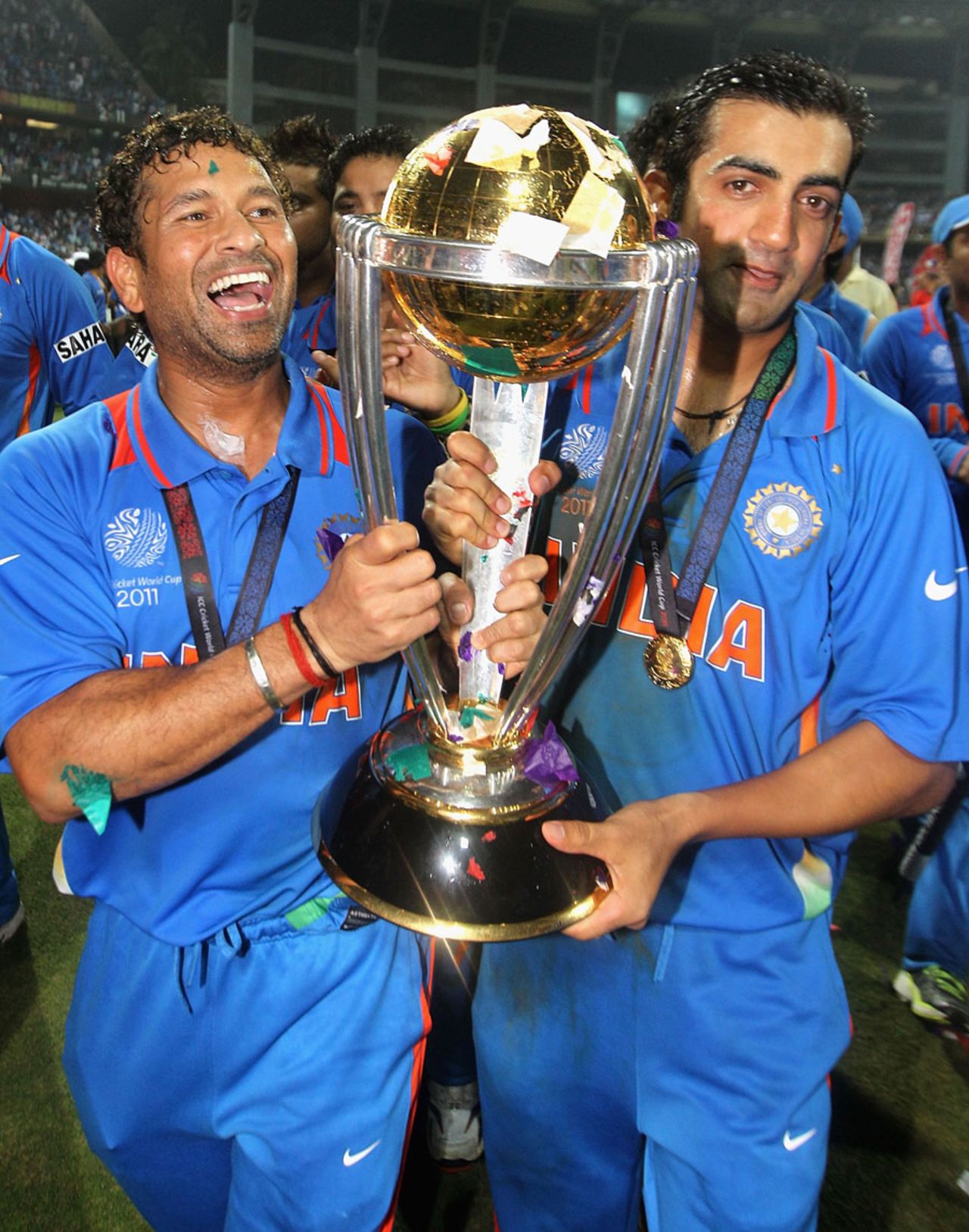 Sachin Tendulkar and Gautam Gambhir walk with the trophy, India v Sri Lanka, final, World Cup 2011, Mumbai, April 2, 2011