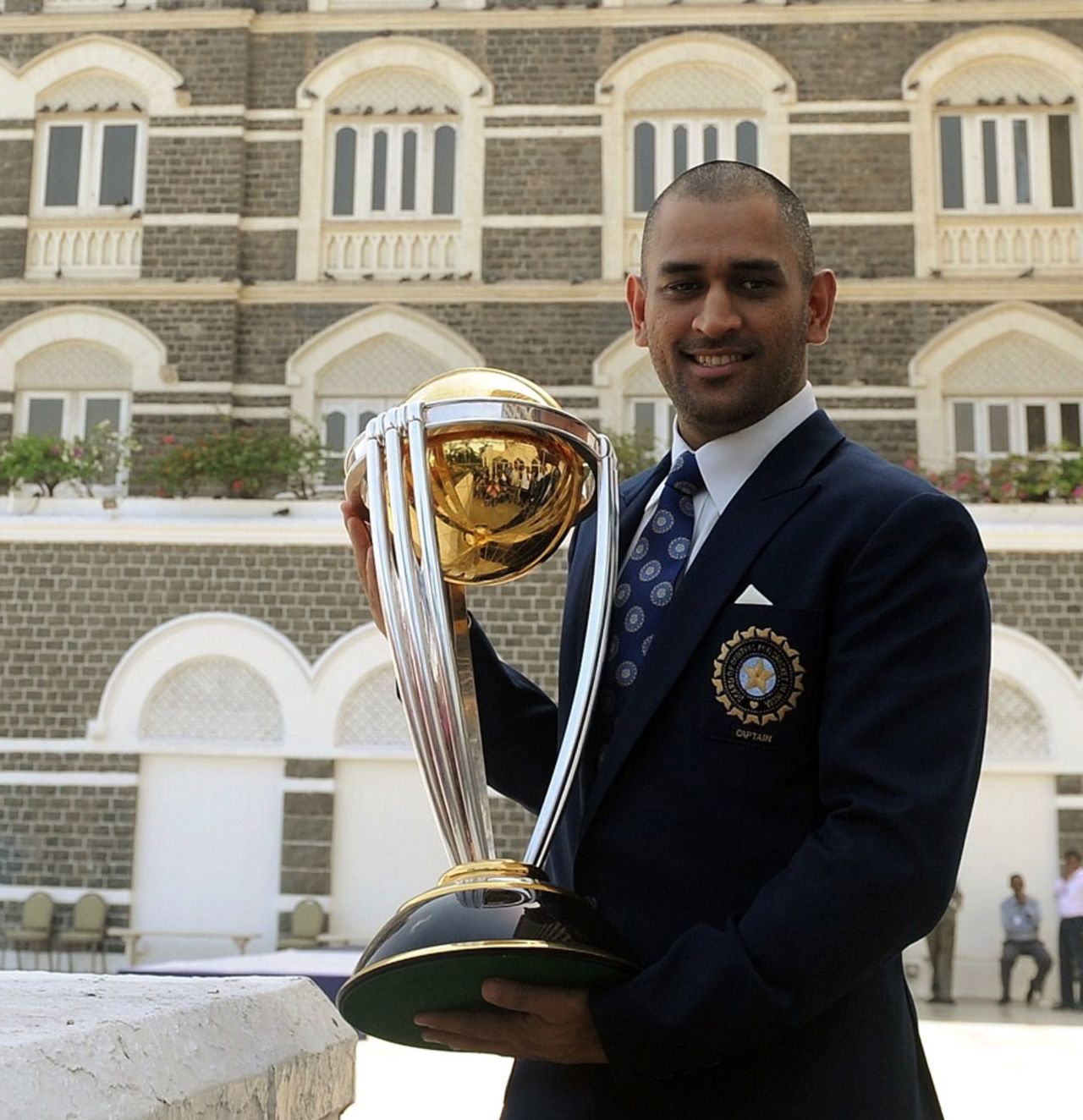 MS Dhoni with the World Cup trophy on the morning after the final, Mumbai, April 3, 2011
