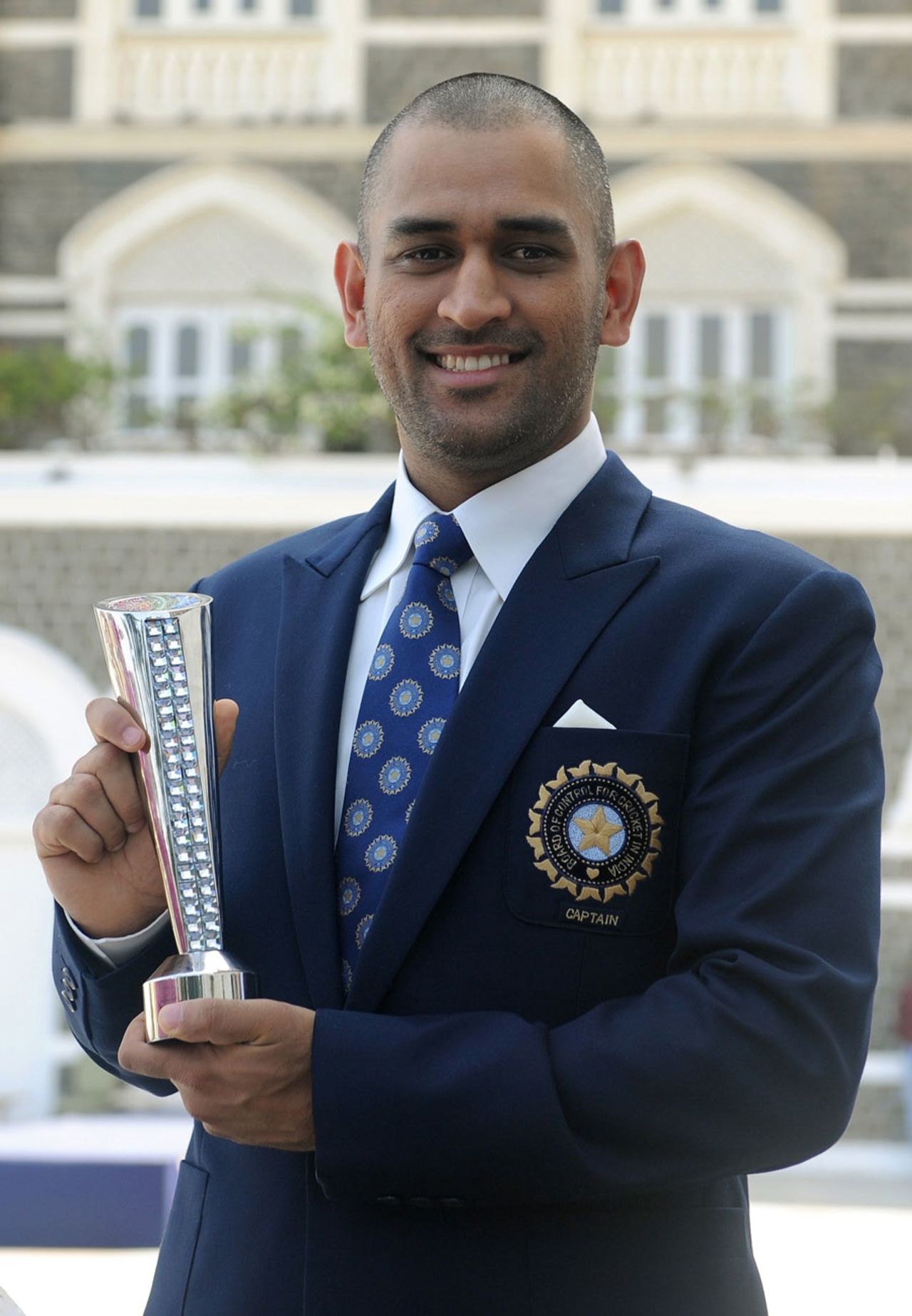 MS Dhoni with the Man-of-the-Match trophy he picked up in the World Cup final, Mumbai, April 3, 2011