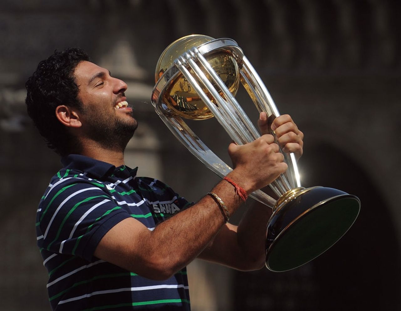 Player of the Tournament Yuvraj Singh with the World Cup, Mumbai, April 3, 2011