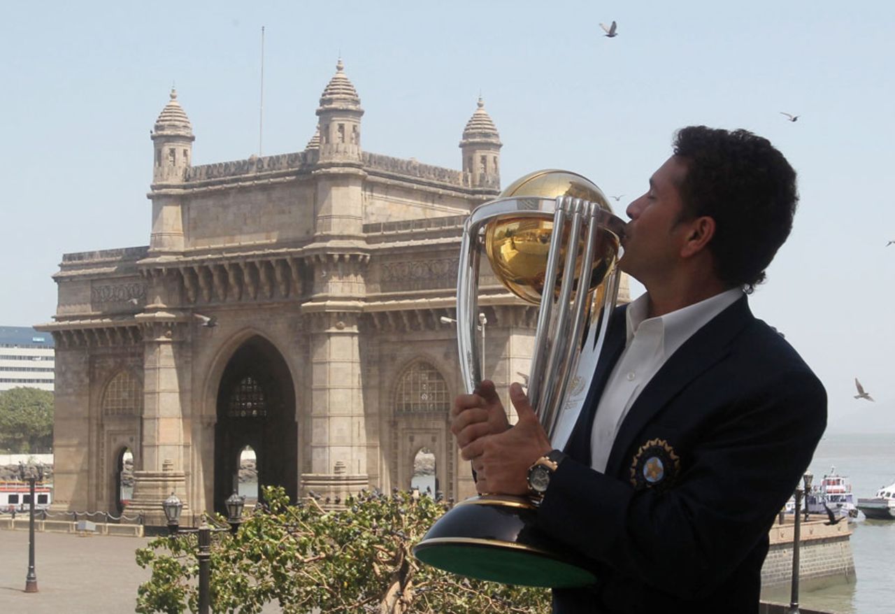 Sachin Tendulkar kisses the World Cup in front of the Gateway of India, Mumbai, April 3, 2011