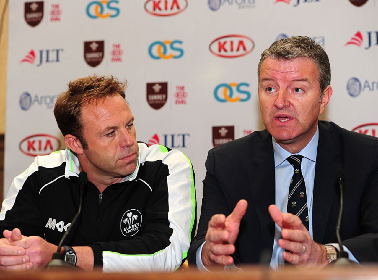 Surrey cricket manager Chris Adams alongside chairman Richard Thompson as they address the media, The Oval, April 1, 2011