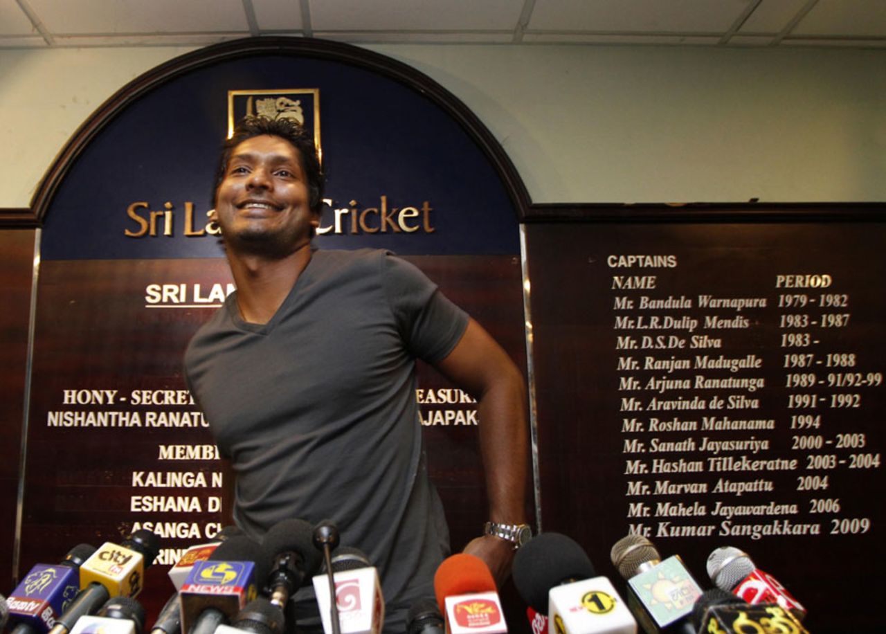 Kumar Sangakkara smiles at the end of his press conference, Colombo, April 5, 2011