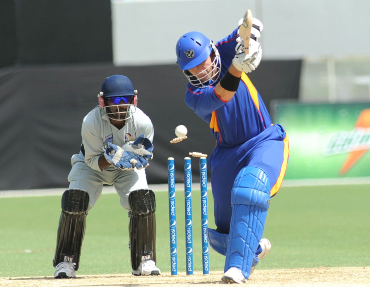 Sarel Burger of Namibia is bowled cheaply in a ICC World Cricket League Division Two match, UAE v Namibia, Dubai, April 8, 2011