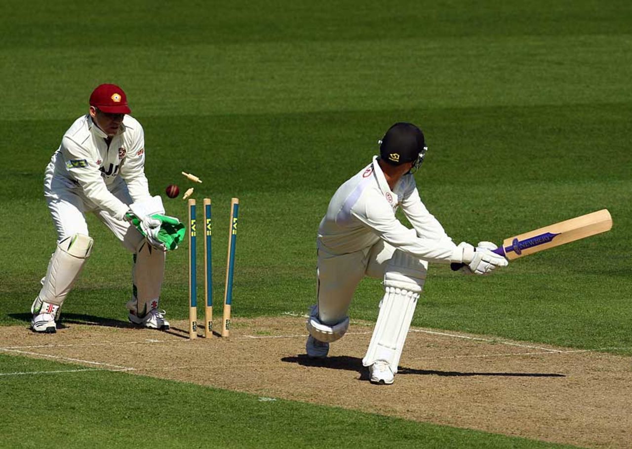Zander de Bruyn was bowled by James Middlebrook, Surrey v Northamptonshire, County Championship, Division Two, The Oval, April 8, 2011