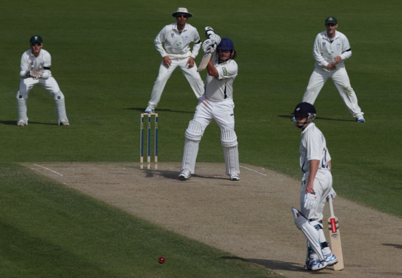 Ryan Sidebottom forces one through the leg side during his career-best 61, Worcestershire v Yorkshire, County Championship, Worcester, April 10 2011