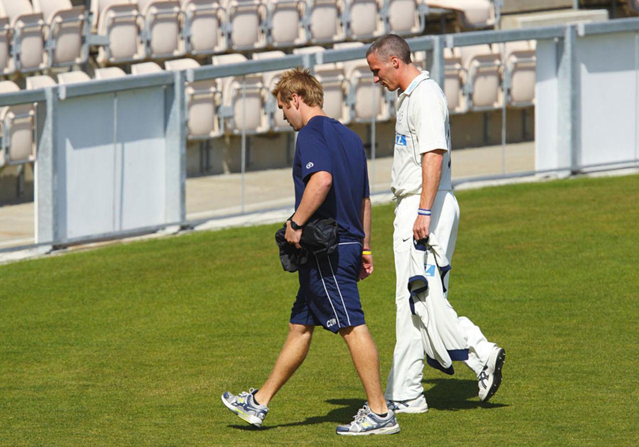 Simon Jones had to leave the field with a groin strain, Hampshire v Durham, County Championship, Division One, The Rose Bowl, April 10, 2011