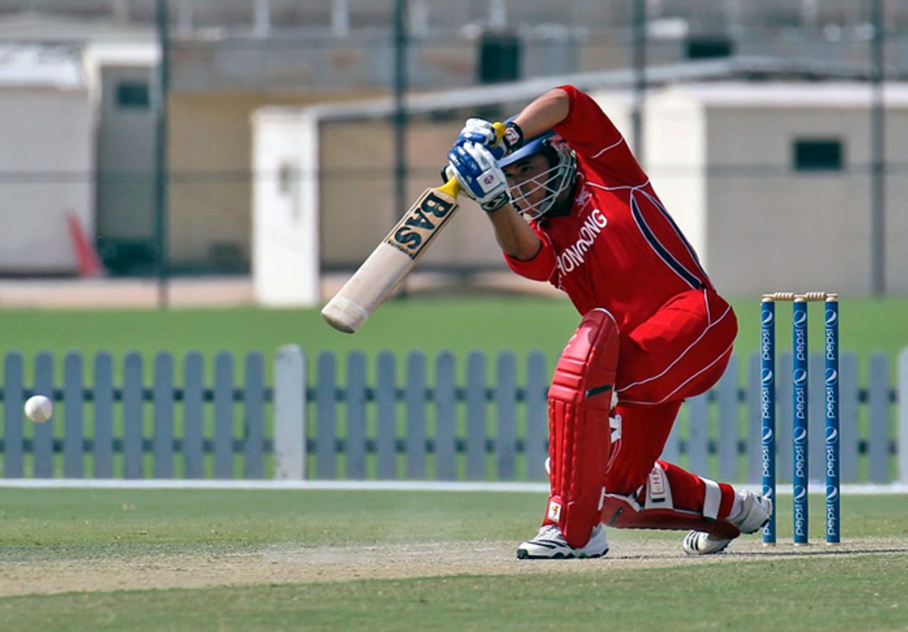 Roy Lamsam drives down the ground during his innings of 40 against Bermuda during the ICC WCL2 played in Dubai