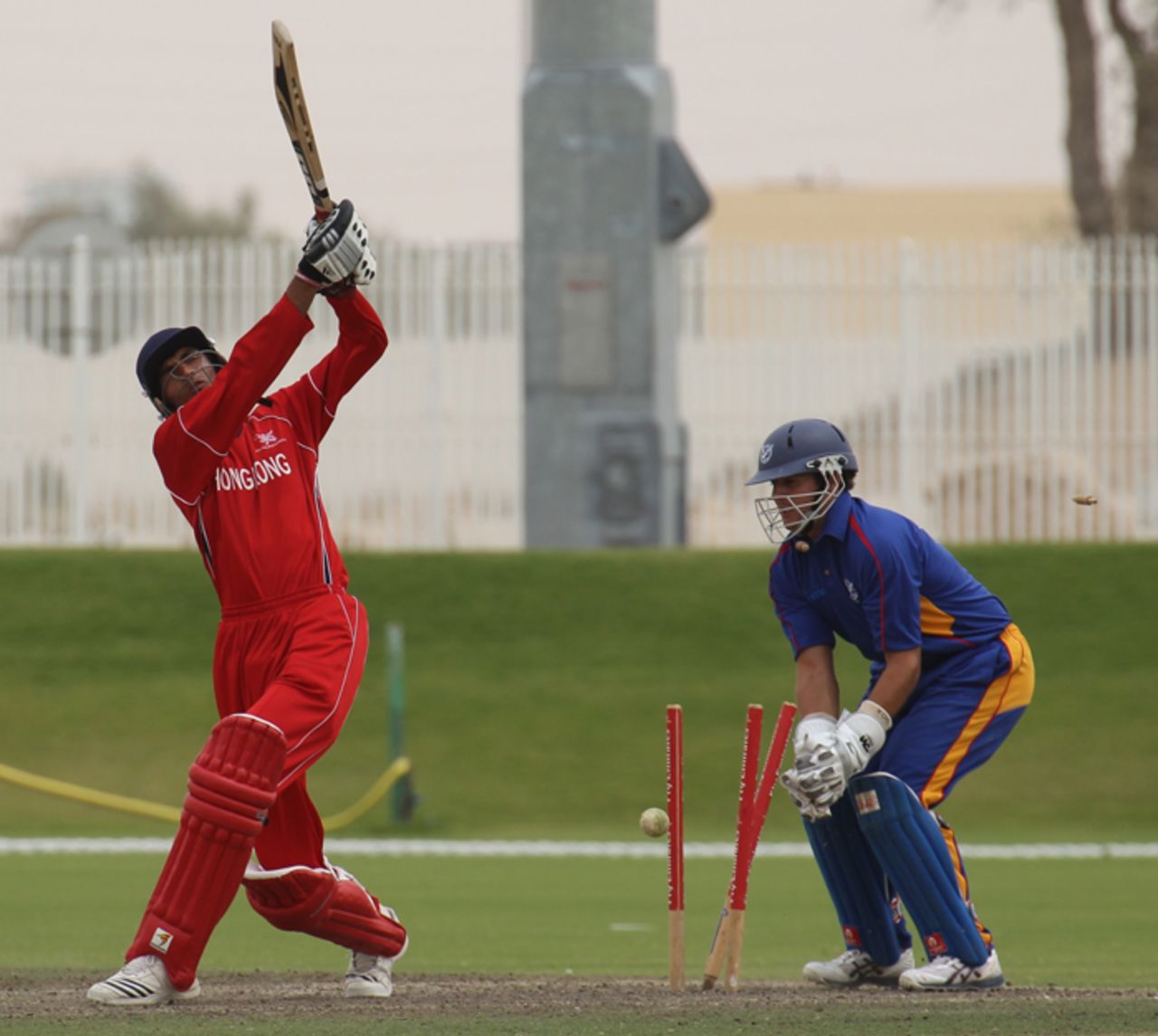 Adil Mehmood is bowled against Namibia XI in a WCL2 warm-up game at the Emirates Sevens ground at Dubai on 5th April 2011