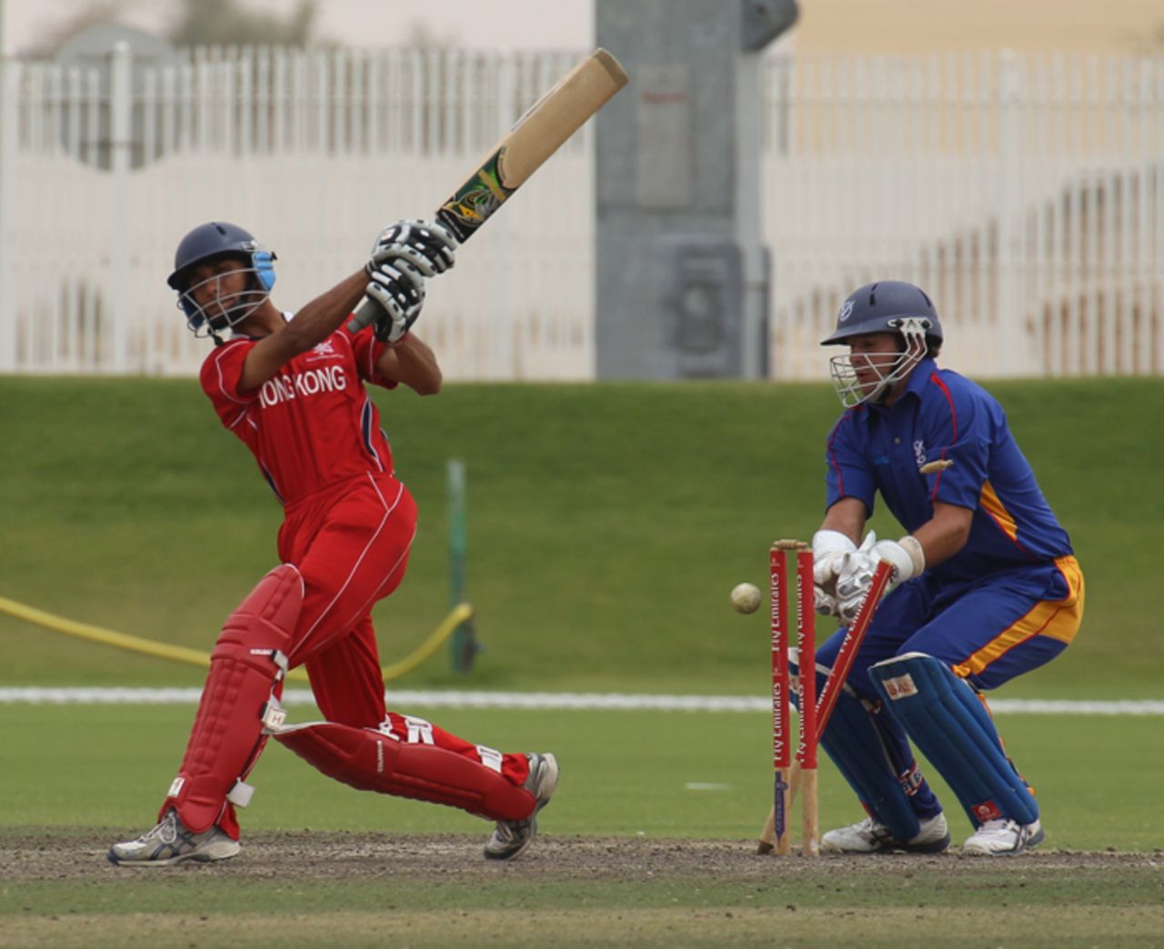 Asif Khan is bowled against Namibia XI in a WCL2 warm-up game played at the Emirates Sevens ground in Dubai on 5th April 2011