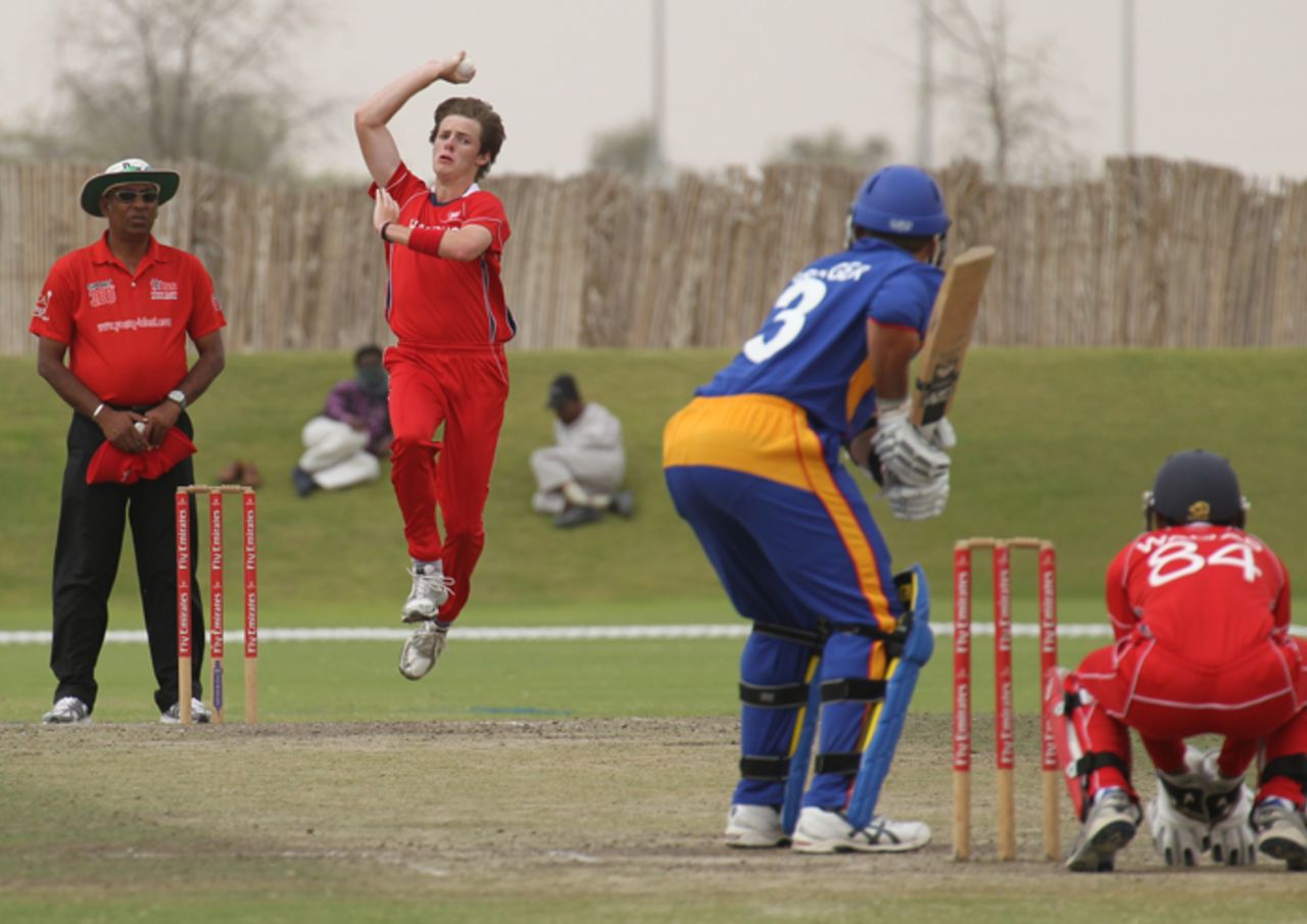 Maxwell Tucker bowling for a Hong Kong XI versus Namibia XI in a WCL2 warm-up game played at the Emirates Sevens ground on 5th April 2011