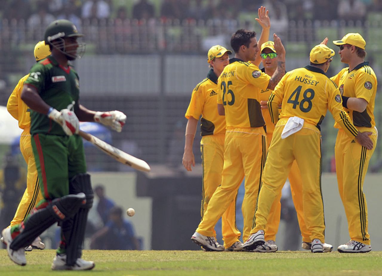 Australia celebrate the dismissal of Imrul Kayes, Bangladesh v Australia, 2nd ODI, Mirpur, April 11, 2011