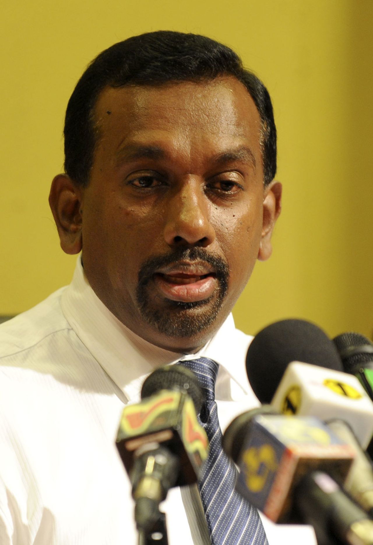 Sri Lanka sports minister Mahindananda Aluthgamage speaks at a press conference, Colombo, April 11, 2011