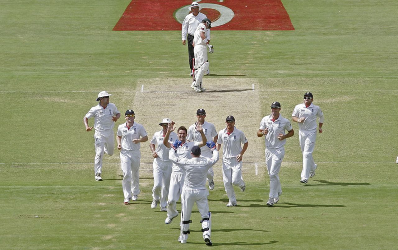 James Anderson dismisses Brad Haddin at Adelaide, winner, Wisden & MCC Cricket Photograph of the Year 2010, in association with Park Cameras