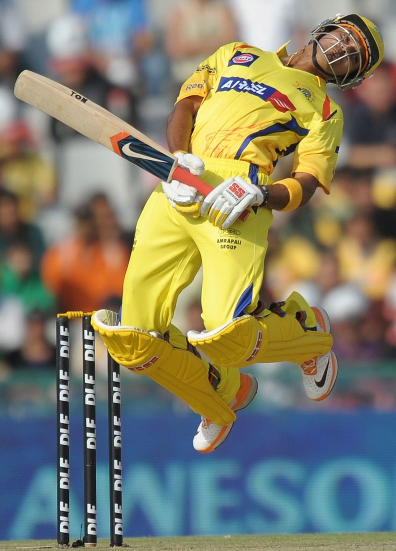 S Badrinath gets airborne as he avoids a bouncer, Kings XI Punjab v Chennai Super Kings, IPL 2011, Mohali, April 13, 2011