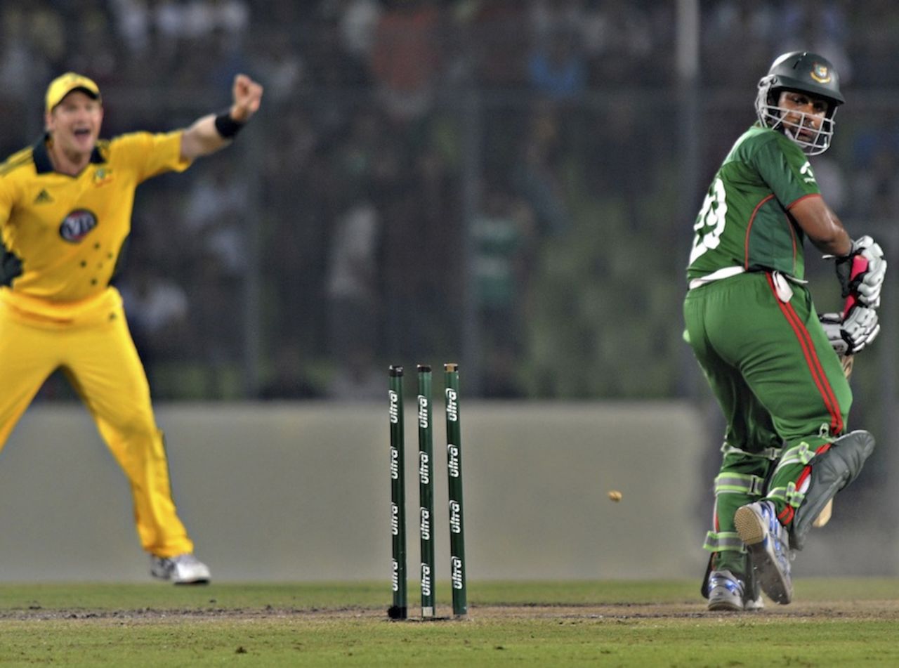 Tamim Iqbal blasted 32 before he was bowled, Bangladesh v Australia, 3rd ODI, Mirpur, April 13, 2011