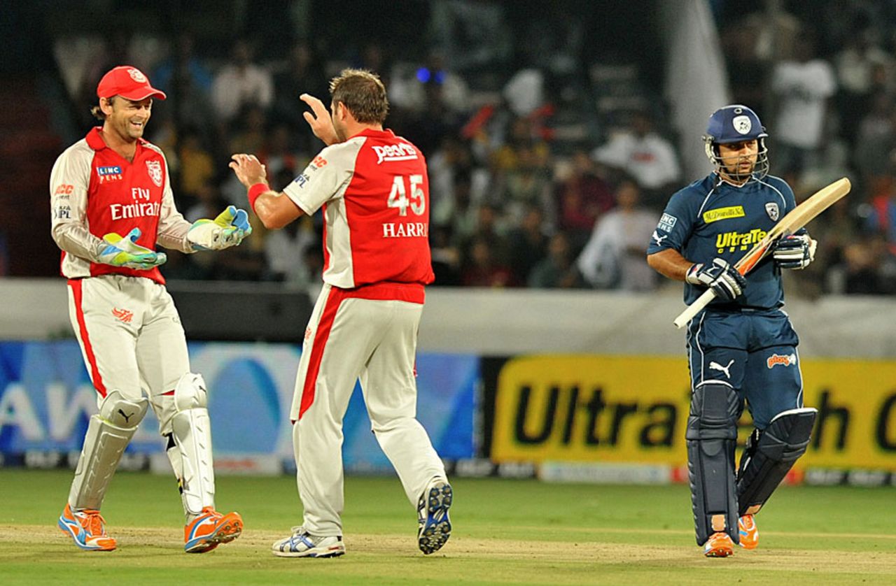Adam Gilchrist congratulates Ryan Harris on dismissing Sunny Sohal, Deccan Chargers v Kings XI Punjab, April 16, 2011
