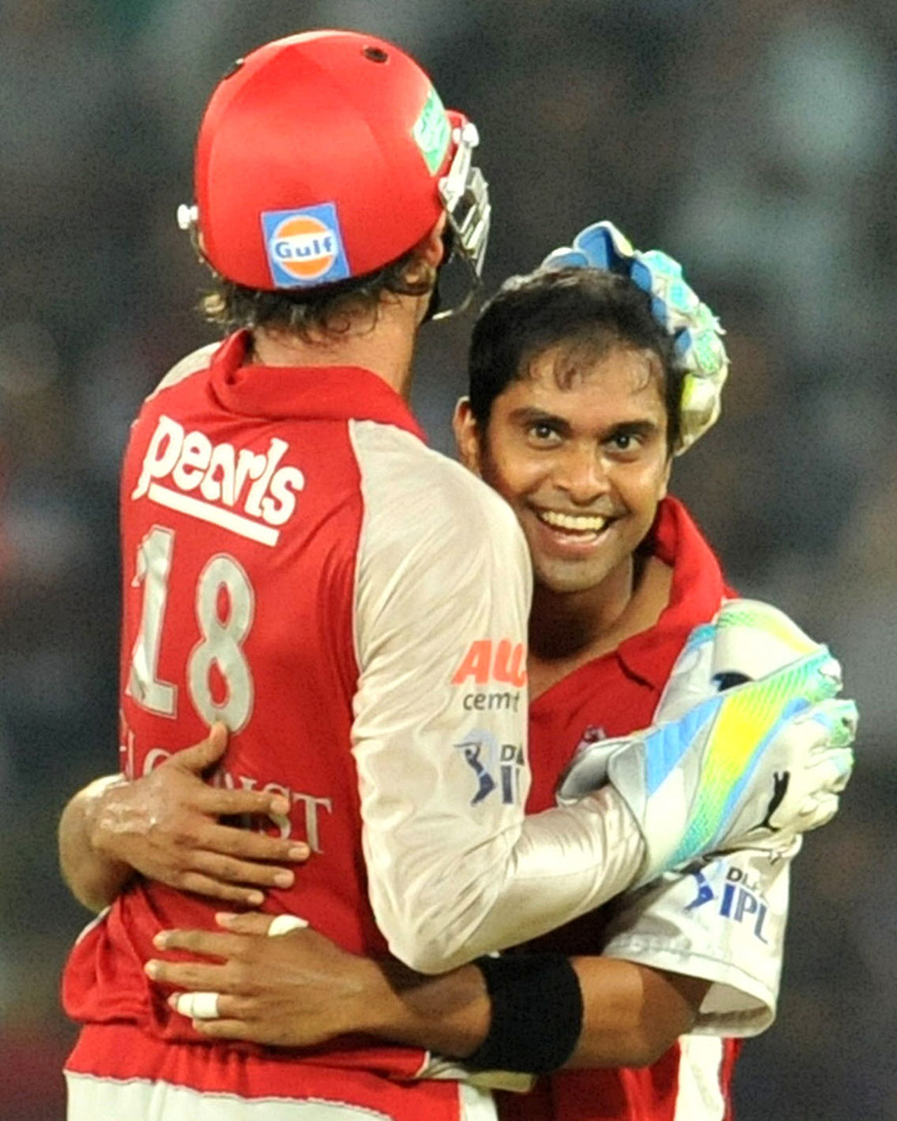Paul Valthaty gets a hug from Adam Gilchrist after dismissing Amit Mishra for a duck, Deccan Chargers v Kings XI Punjab, April 16, 2011