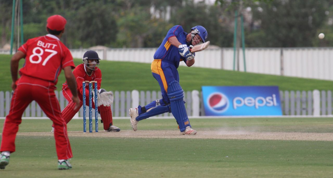 Louis van der Westhuizen hits the winning runs against Hong Kong at the ICC WCL2 in Dubai on 14th April 2011