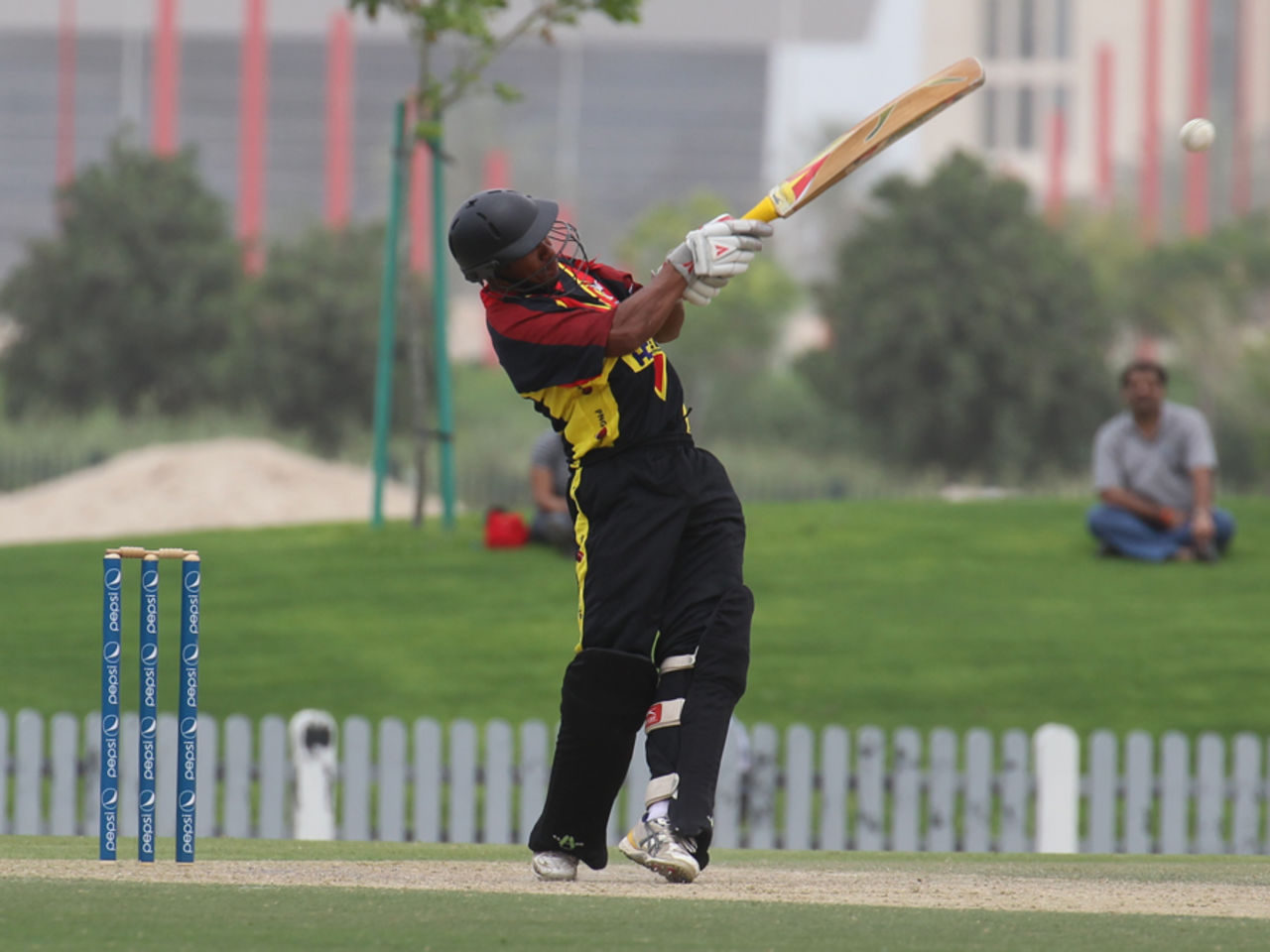 Vani Morea pulls a ball for six during his unbeaten 74 against Hong Kong in the 3rd/4th Play-off match at the ICC WCL2 in Dubai