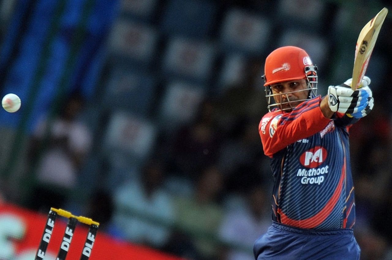 Virender Sehwag hammers one through covers, Delhi Daredevils v Deccan Chargers, IPL 2011, Delhi, April 19, 2011