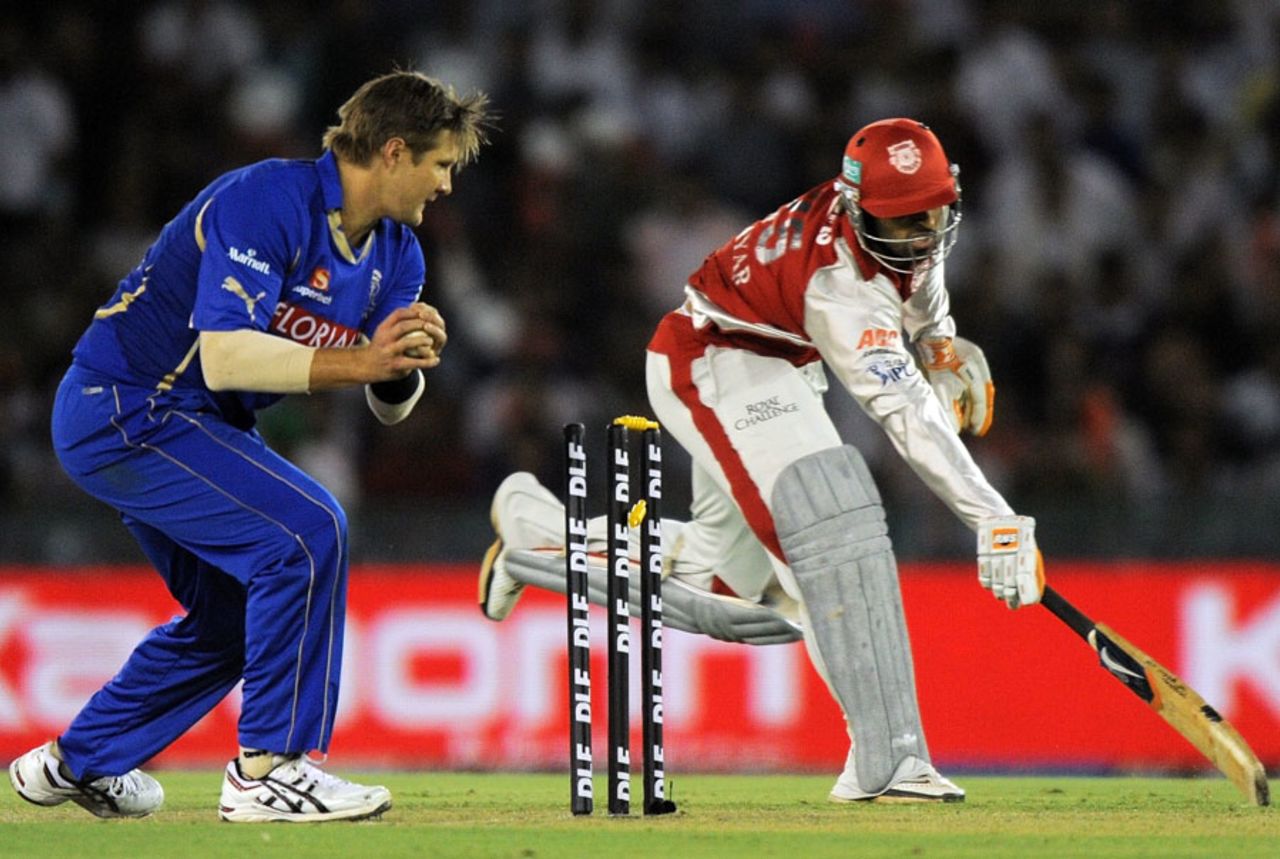 Shane Watson runs out Abhishek Nayar for 1, Kings XI Punjab v Rajasthan Royals, IPL 2011, Mohali, April 21, 2011