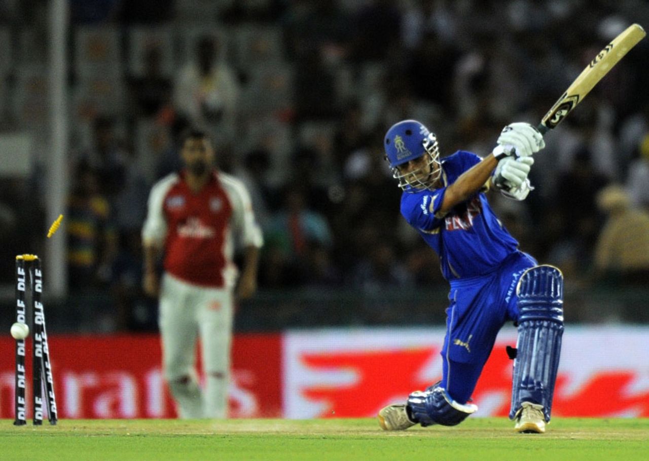 Rahul Dravid is bowled after missing a full ball, Kings XI Punjab v Rajasthan Royals, IPL 2011, Mohali, April 21, 2011