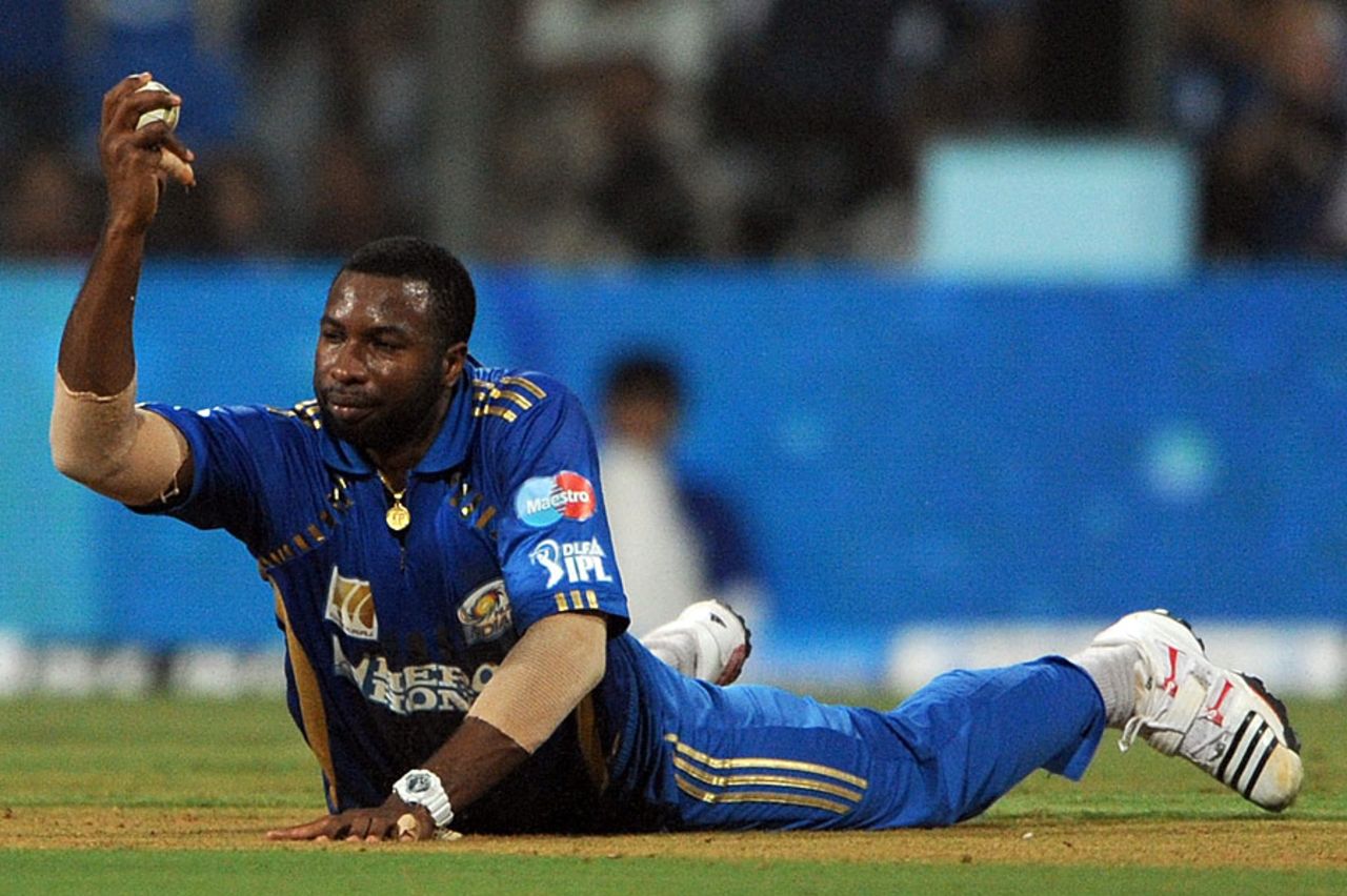 Kieron Pollard took a spectacular low catch to dismiss Michael Hussey, Mumbai Indians v Chennai Super Kings, IPL 2011, Mumbai, April 22, 2011