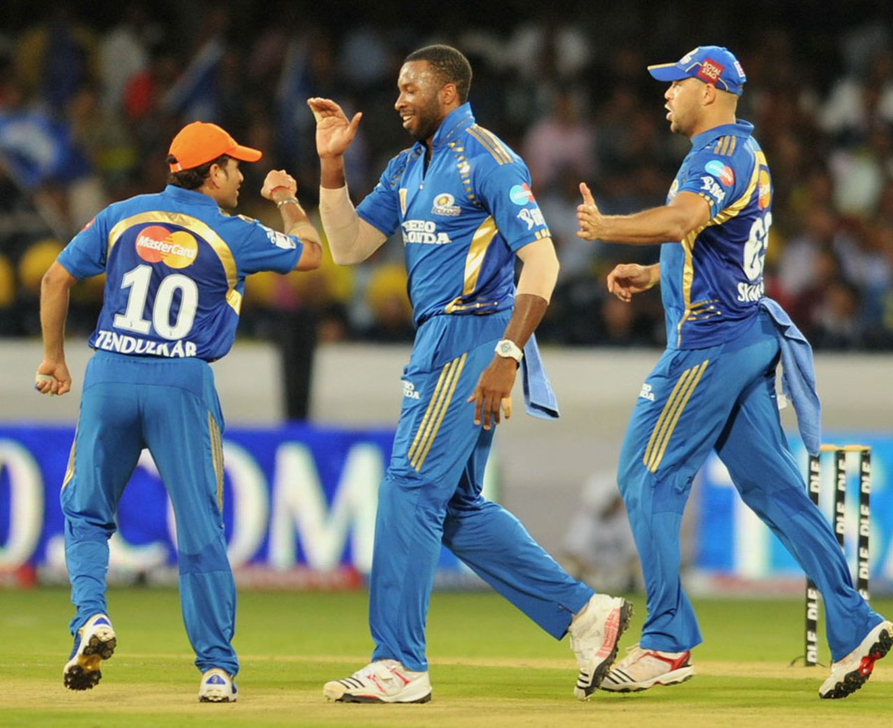 Kieron Pollard is congratulated on dismissing Bharat Chipli, Deccan Chargers v Mumbai Indians, IPL 2011, Hyderabad, April 24, 2011