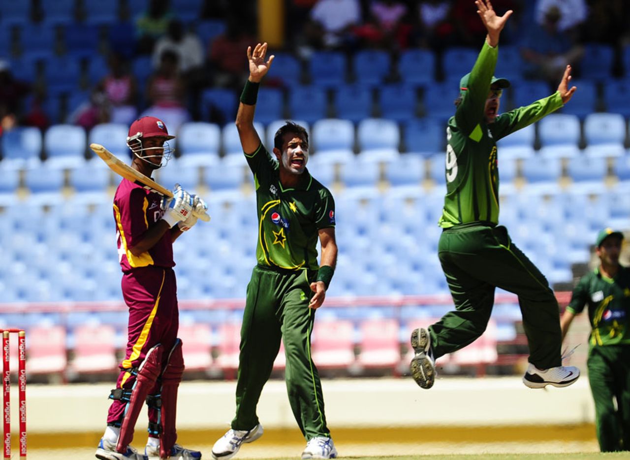 Wahab Riaz appeals unsuccessfully for an lbw against Lendl Simmons, West Indies v Pakistan, 2nd ODI, Gros Islet, April 25, 2011