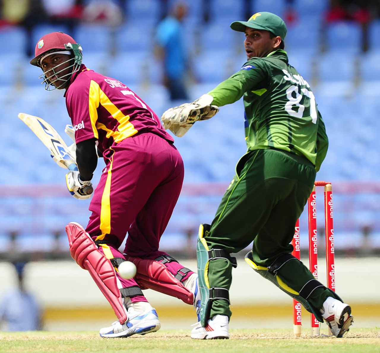 Marlon Samuels plays one fine during his 29 off 74 balls, West Indies v Pakistan, 2nd ODI, Gros Islet, April 25, 2011