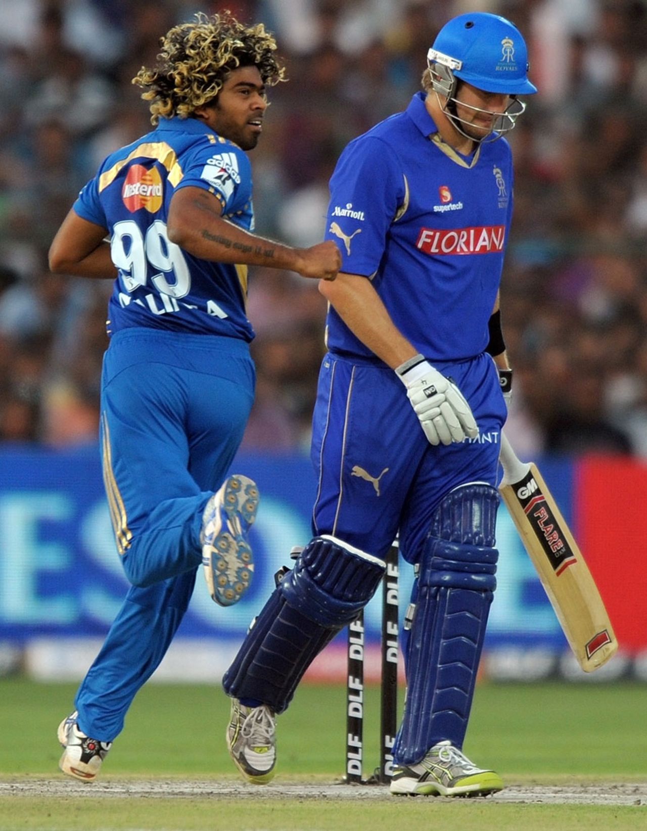 Lasith Malinga reacts after dismissing Shane Watson, Rajasthan Royals v Mumbai Indians, IPL 2011, Jaipur, April 29, 2011