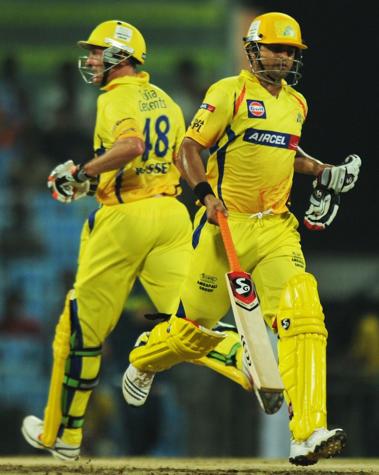 Michael Hussey and Suresh Raina run during their 60-run partnership, Chennai Super Kings v Deccan Chargers, IPL 2011, Chennai, May 1, 2011