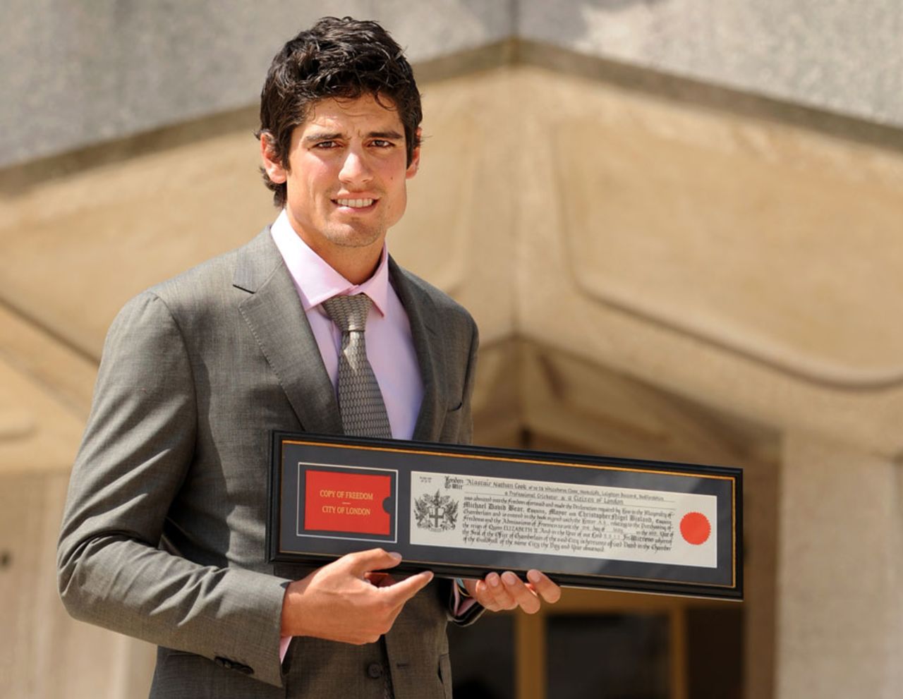Alastair Cook with his Freedom of the City of London certificate, London, April 3, 2011 